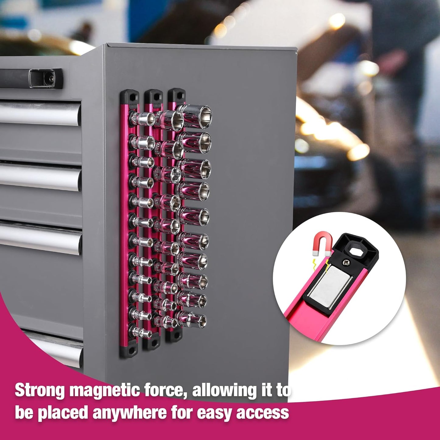 WORKPRO Magnetic Socket Organizer, 3/8-Inch Drive Aluminum Alloy Socket Rail, Heavy Duty Socket Holder, Socket Rack Kit 3/8-Inch x 10 Clips Rose Red (Socket not Included)