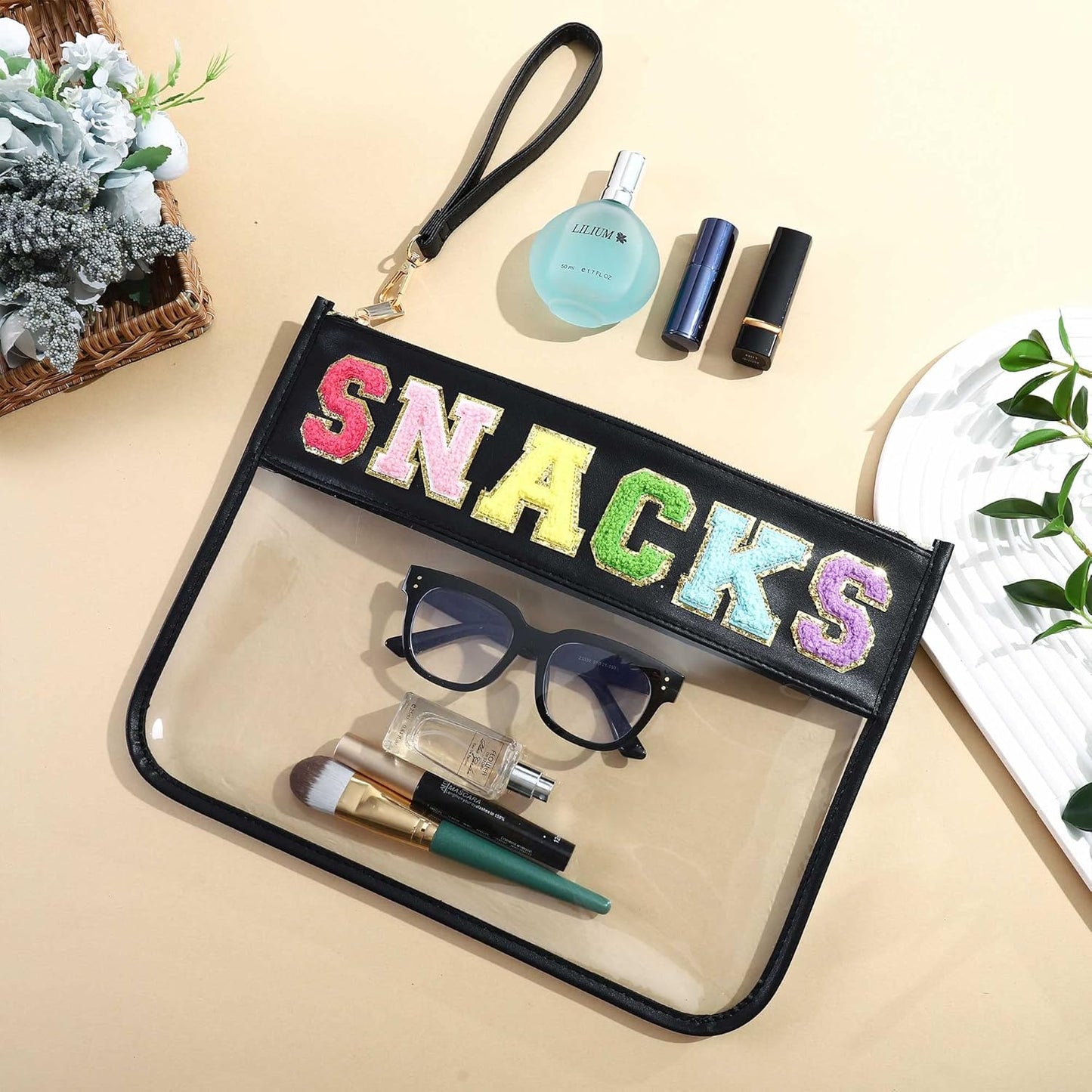 TopTTanBo Chenille Letter Clear Bag Purse Multi-purpose Transparent Waterproof Snacks Makeup Tote Bag with Wrist Strap
