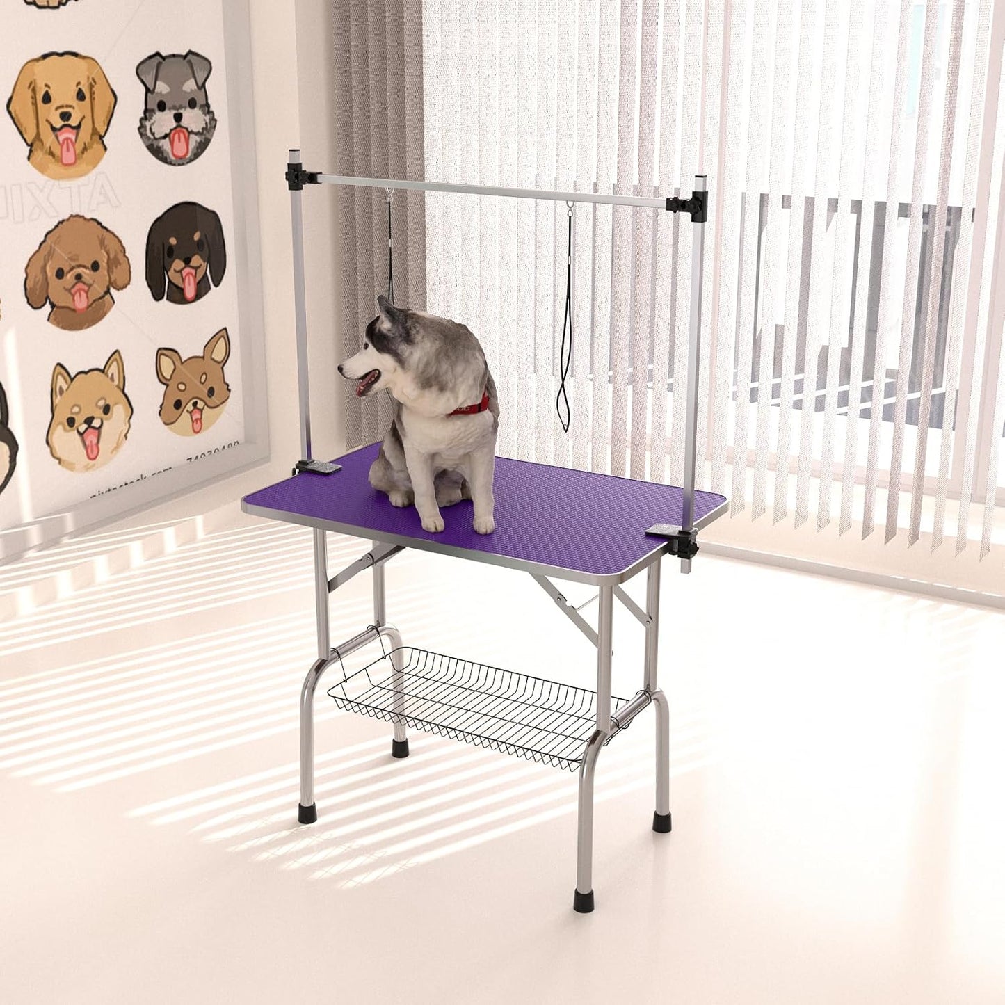 36" Dog Grooming Table Foldable Pet Grooming Tables with Adjustable Arm Noose Storage Mesh Tray Maximum Capacity Up to 330lbs Purple