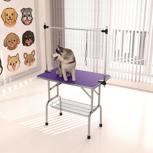 36" Dog Grooming Table Foldable Pet Grooming Tables with Adjustable Arm Noose Storage Mesh Tray Maximum Capacity Up to 330lbs Purple