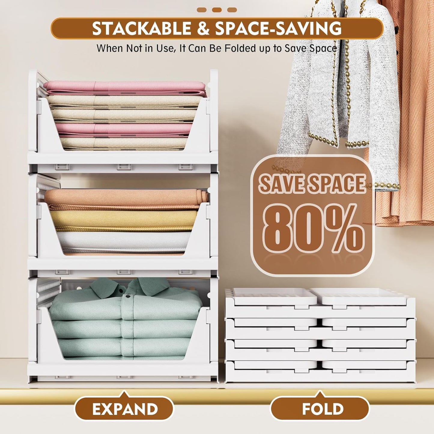 SNSLXH 5 Pack Stackable Closet Organizer Box, Multifunctional & Foldable Closet Storage Basket for Bathroom Kitchen Laundry Room Wardrobe Storage, Space-Saving Clothes Storage Drawer Organizer, Yellow