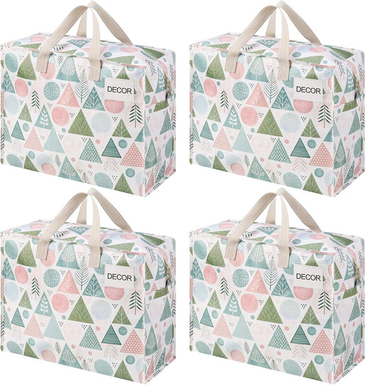 VENO 4 Pack Heavy Duty Moving Bags, Storage Bags, Packing Supplies, Top Zipper, Storage Totes for Camping, Clothes, Bedding, Comforters, Pillows, Christmas Pattern (13 Gallon, Pastel Forest, 4 Pack)
