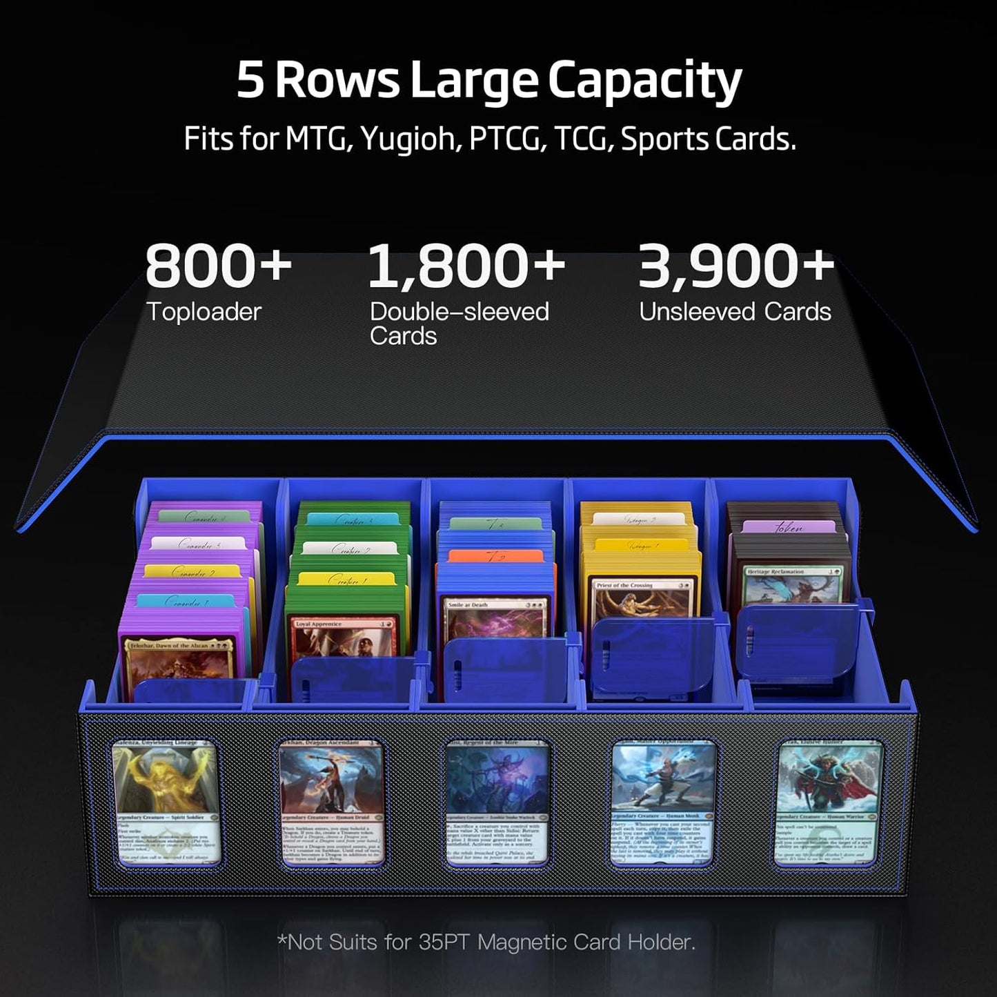 Trading Card Storage Box 5-Row 3900+ Capacity,TCG MTG Card Case with Magnetic Lid & Commander Display,Top Loader Storage for Sports Cards,Includes Dividers Dice Box（Black＆Blue）