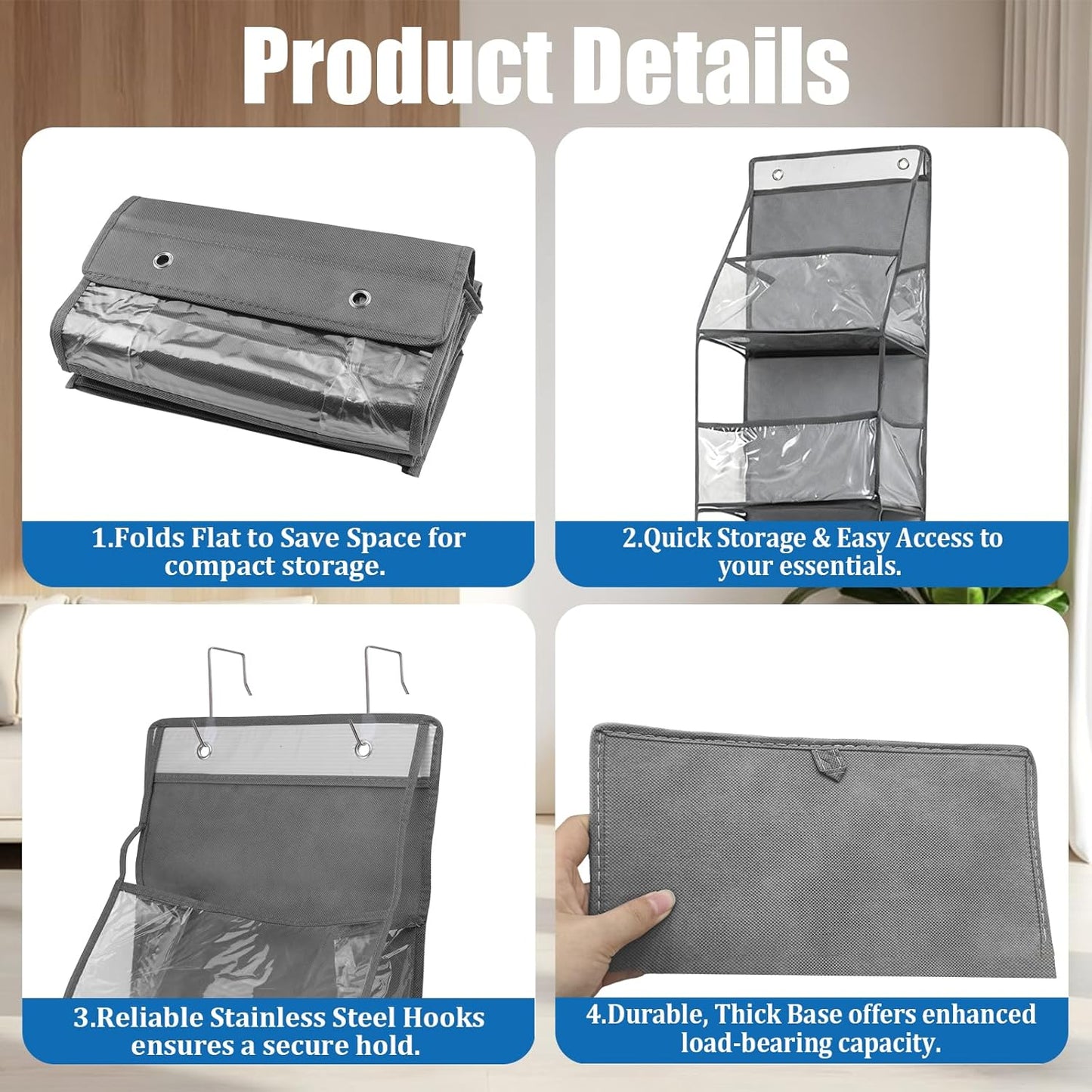 1Pack Over The Door Organizer, Hanging Door Storage Organizer with 6 Large Clear Pockets, Space Saving Behind Door Rack for Bedroom Closet Bathroom Pantry Nursery Office (Grey)