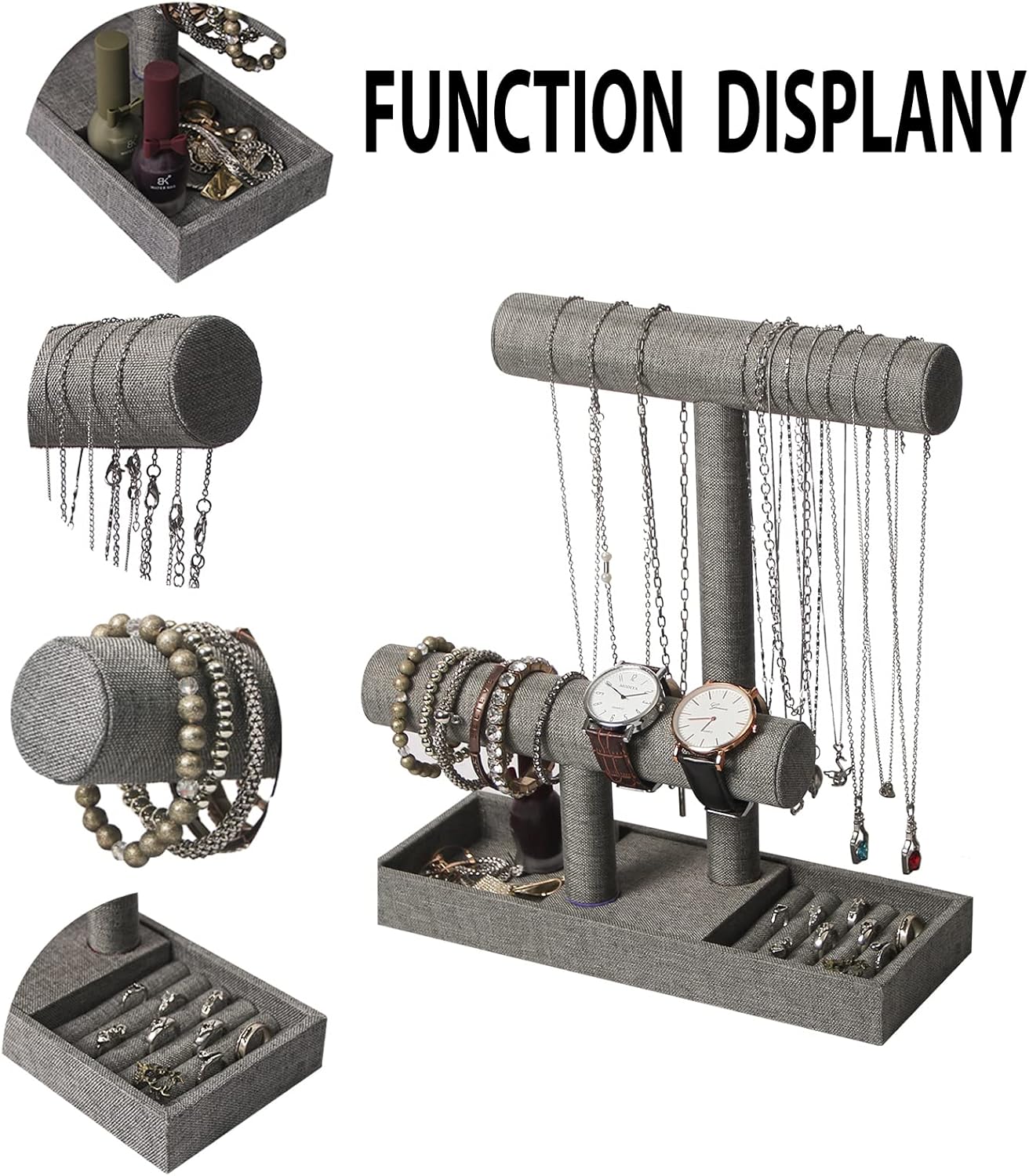 Coward 2 Tier Necklace Bracelet Holder Organizer with Ring Tray, Linen Jewelry Display Stand for Watch Scrunchie Lipstick, Perfumes,Nail polish (Gray Linen)