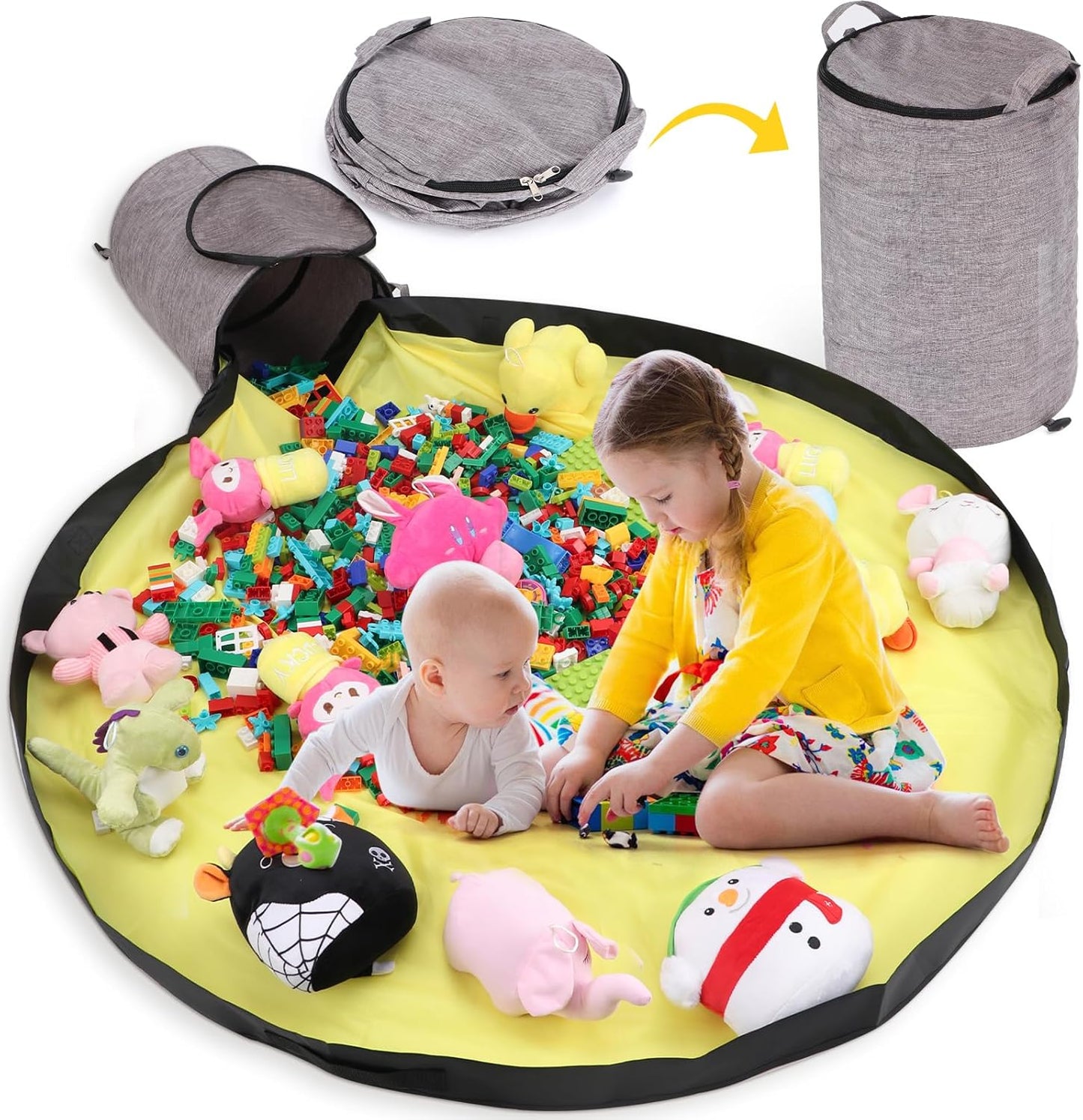 Toy Storage Organizer for Playroom, 13"W x16.5"H Foldable Bin with Play Mat & Zipper - Large Capacity Organizer for Scattered Building Blocks & Stuffed Animals