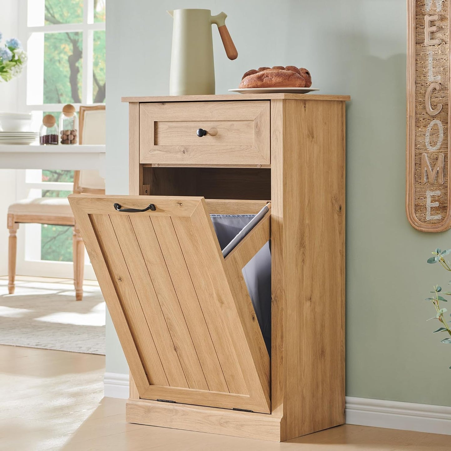 Tilt Out Trash Can Cabinet, 10 Gallon Farmhouse Laundry Hamper Cabinet with Drawer, Hidden Wooden Trash Garbage Can Bin with Storage Basket for Kitchen, Living Room (Natural)