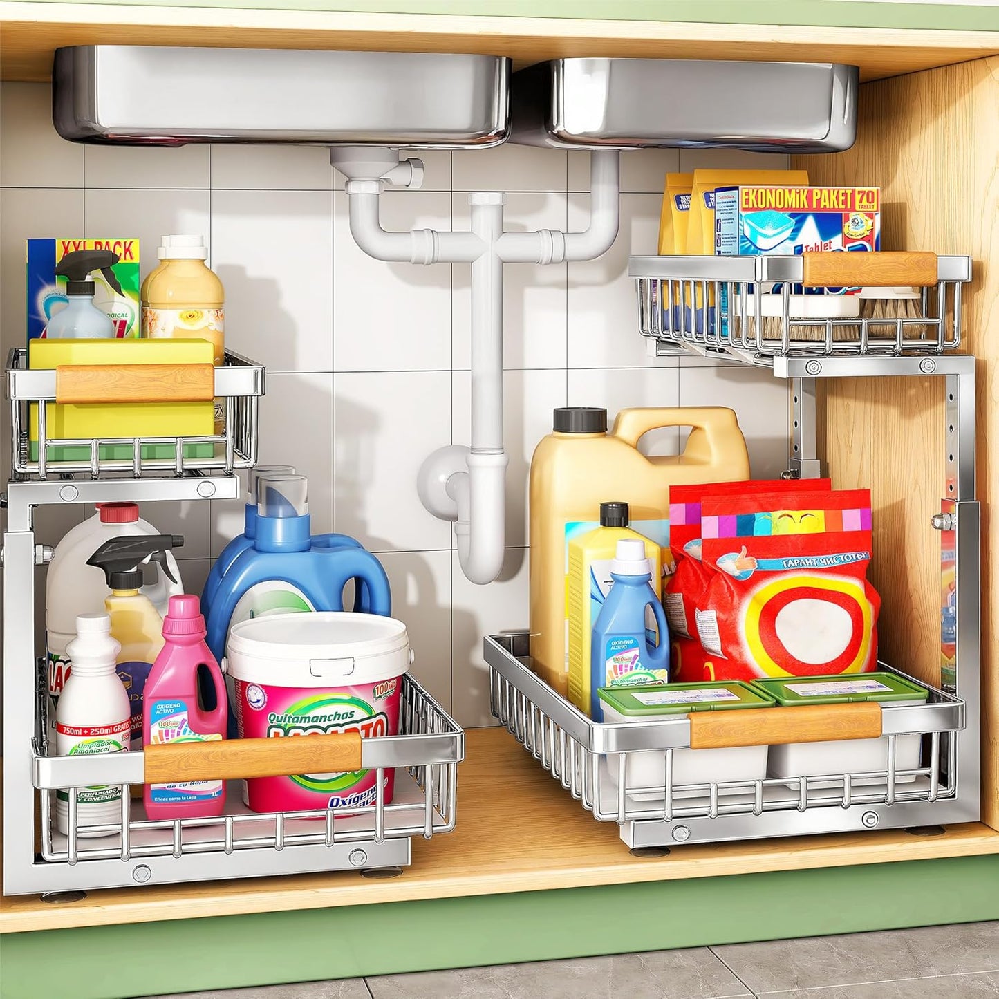Under Sink Organizer, Stainless Steel 1-Pack 2 Tier Under Sink Organizers and Storage, Slide out Pull out Cabinet Shelf, Sliding Drawer for Kitchen Bathroom Pantry Cabinet Closet Organization Rack