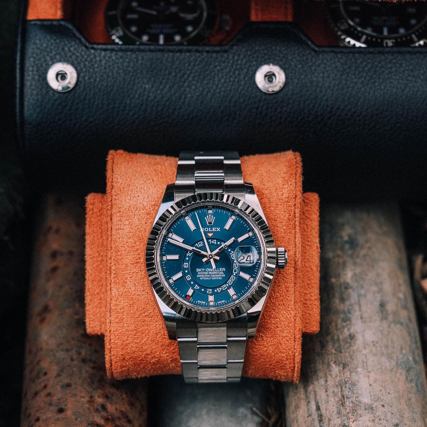 DailyWatch | Watch Roll Travel Case For 3 Watches | Luxury Watch Case In Genuine Black Leather With Soft Velvet Interior | Watch Case Protect, Store, & Display Your Watches | Black Orange