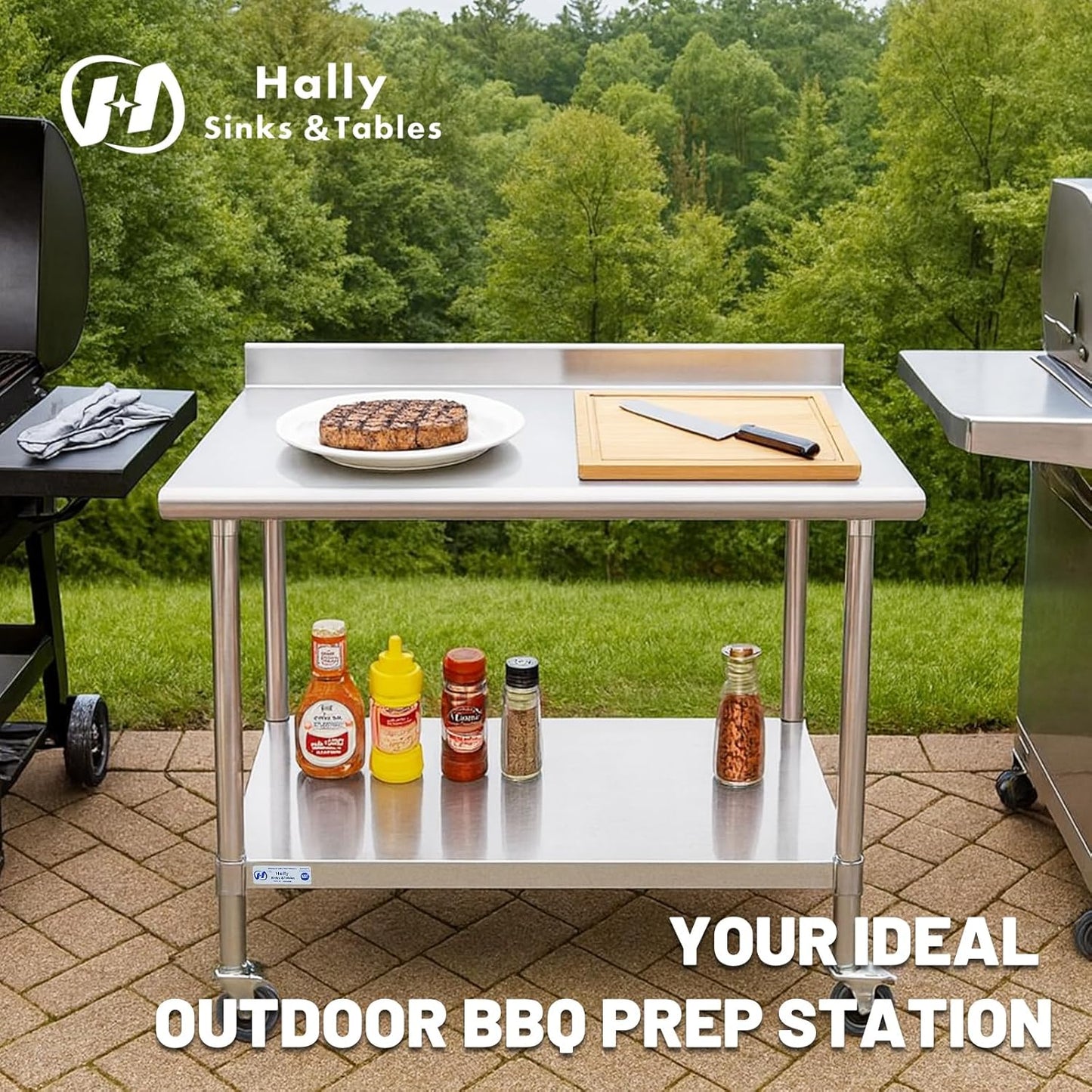 Hally Stainless Steel Table for Prep & Work 24 x 30 Inches with Caster Wheels, NSF Commercial Heavy Duty Table with Undershelf and Backsplash for Restaurant, Home and Hotel
