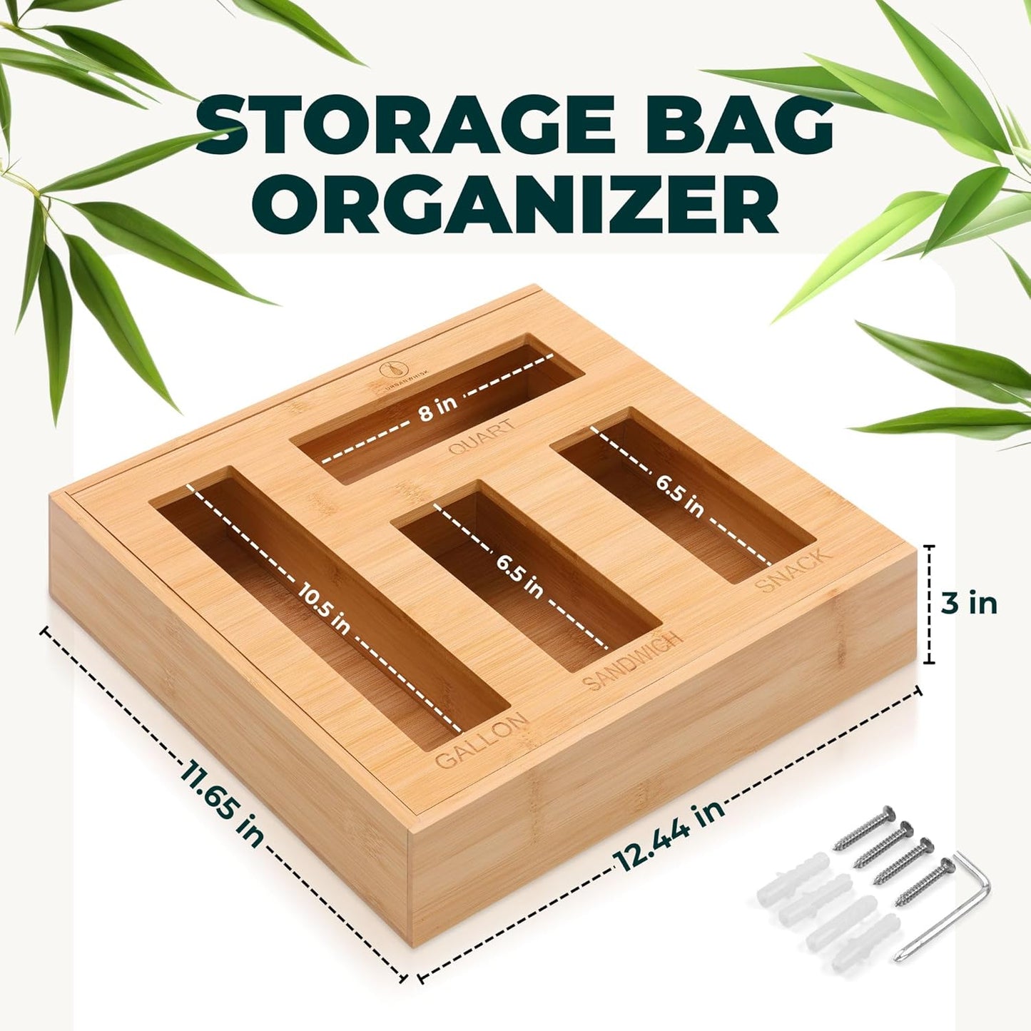 Bamboo Storage Bag Organizer for Kitchen Drawer – Foil & Plastic Bag Organizer for Drawer – Ideal for Foil and Plastic Wrap | Gallon, Quart, Sandwich, Snack Bags, Baggie Holder
