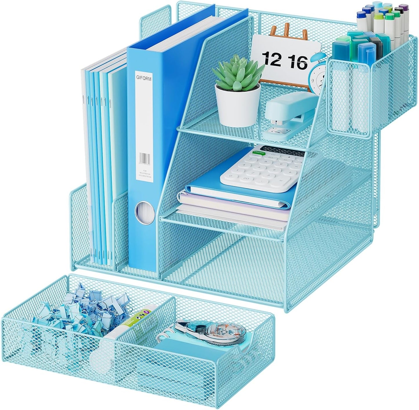 Marbrasse Desk Organizer and Accessories, 3-Tier File Organizer with Drawer and Pen Holder, Small Desktop Organizer and Storage for Workspace Office Supplies Blue
