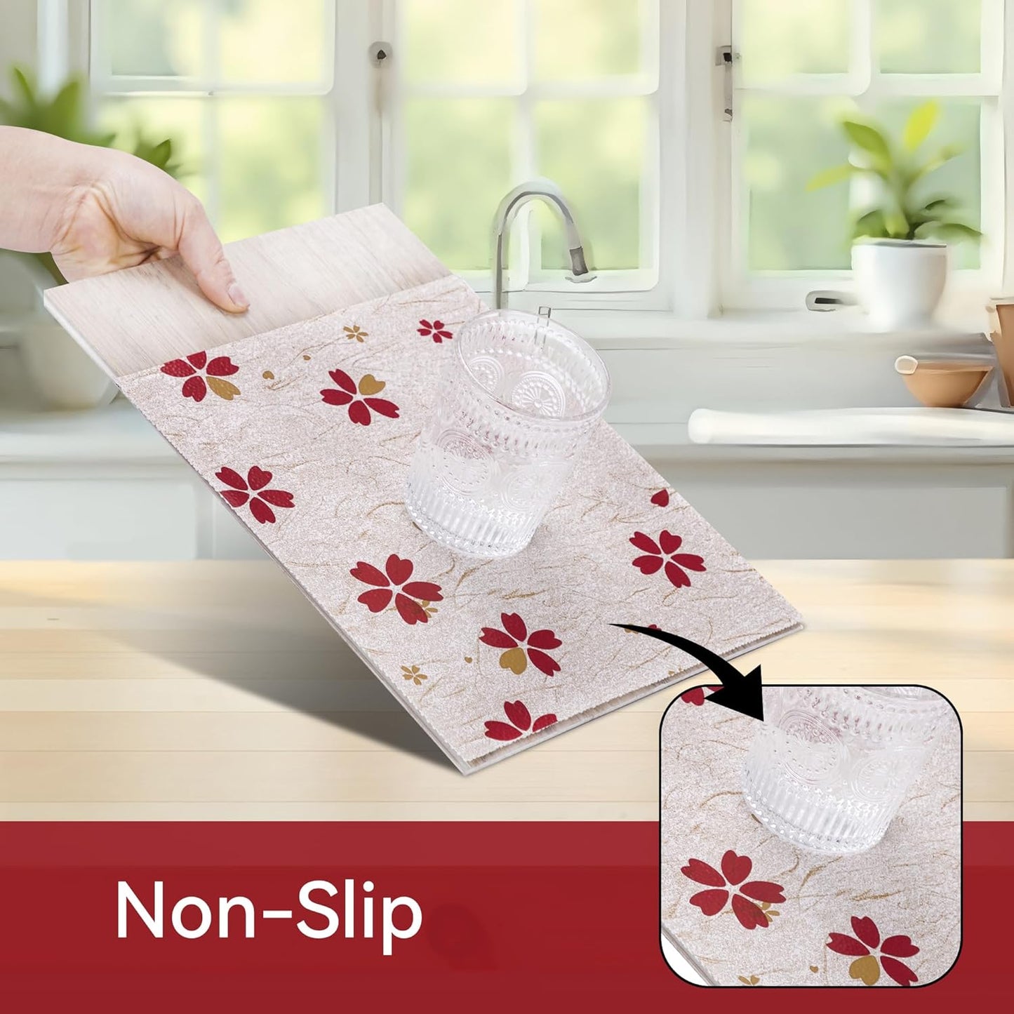 FIFTY FEET 12"x120" Non-Adhesive Shelf Liner for Kitchen Cabinets and Drawers, Washable Non-Slip PVC Cabinet Liner (Red Floral)(1 Roll)