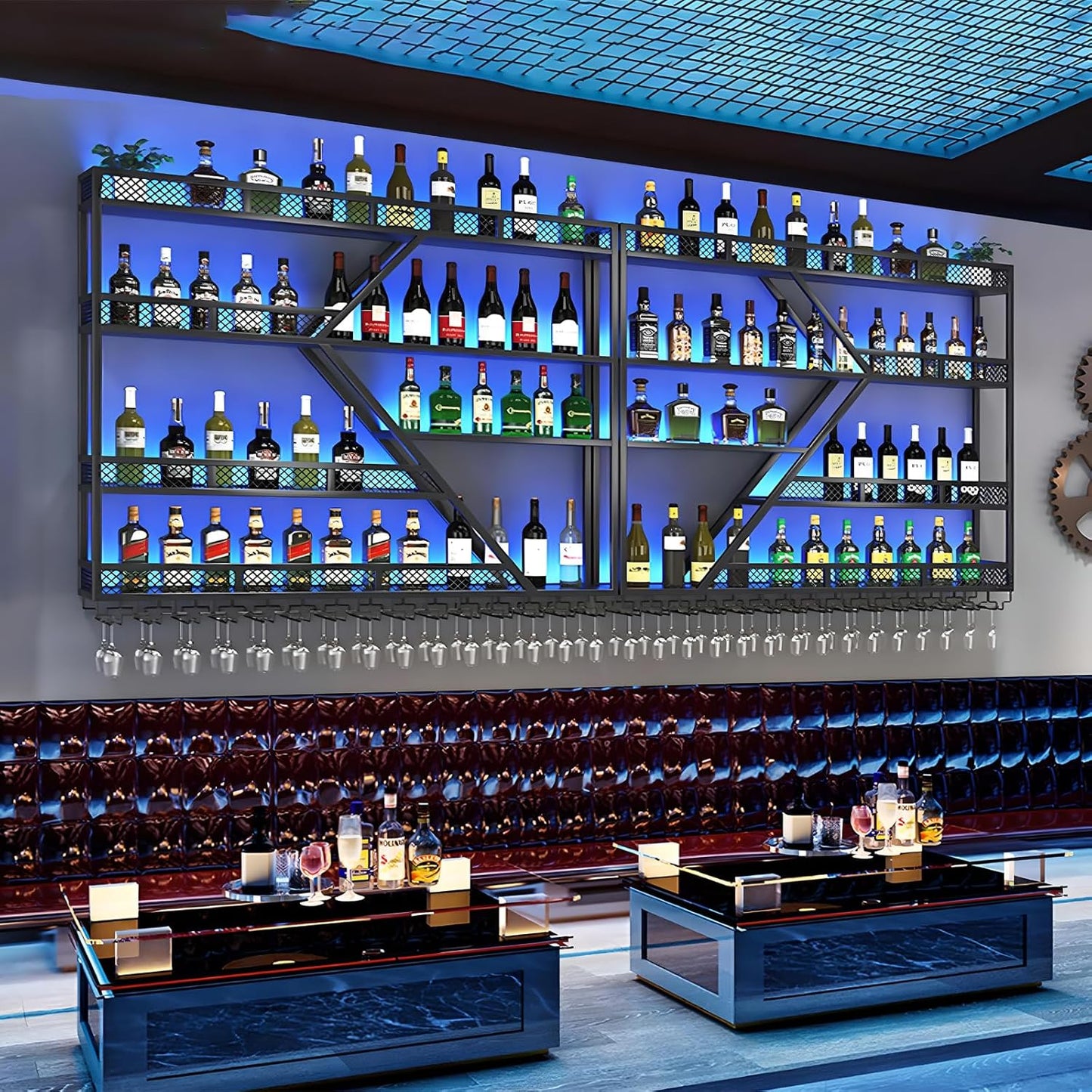 94.48in Metal Wine Rack Wall Mounted, Modern Wine Storage Rack Wall Mounted with Wine Glass Holder, Liquor Shelf, Bar Shelves for Liquor Bottles (4 Tiers Black, 94.48 * 7.87 * 33.85INCH)