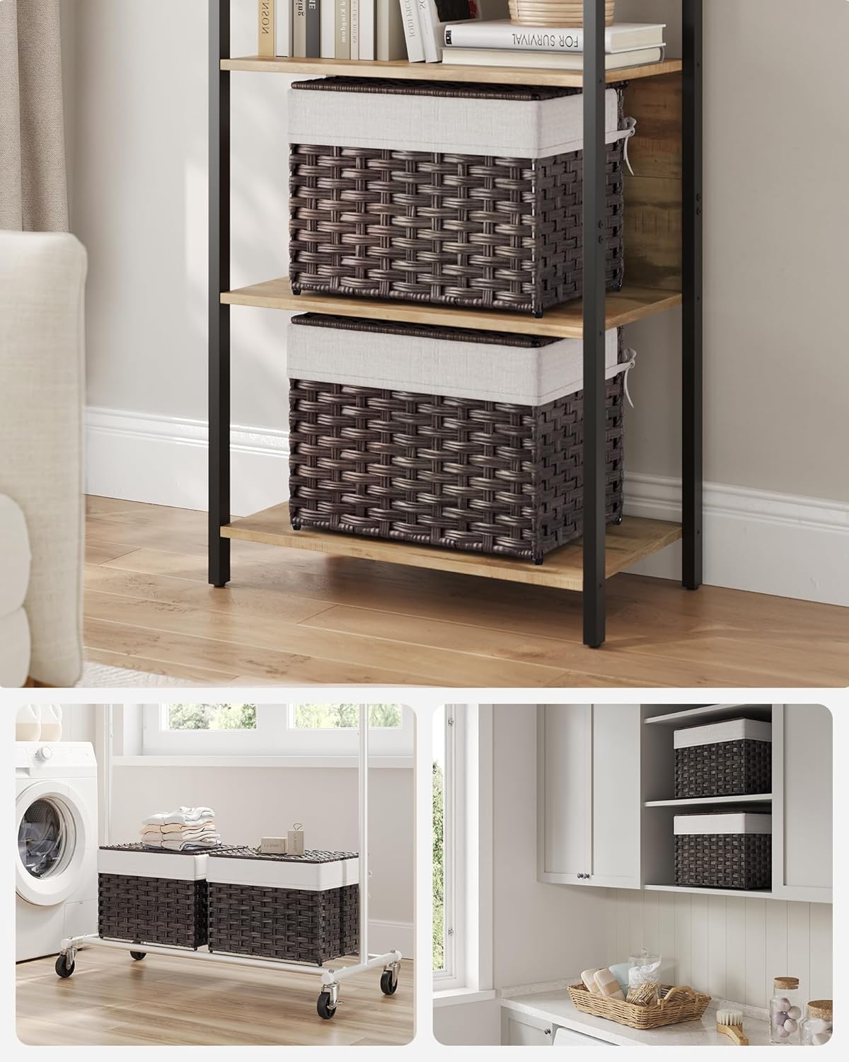 SONGMICS Storage Basket with Lid, Woven Blanket Storage Bin with Handles, Foldable, Removable Liner, Metal Frame, for Bedroom, Laundry Room, 9.2 Gallons (35 L), Brown URST040K01