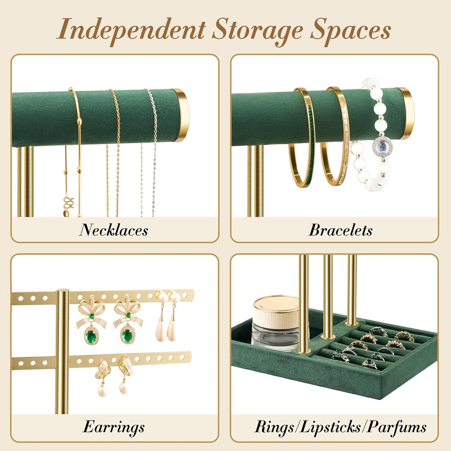 3 Tier Bracelet Holder Display - Detachable T Bar Dark Green Velvet Bracelet Holder, Jewelry Holder Organizer for Bracelet, Necklace, Earrings, Rings