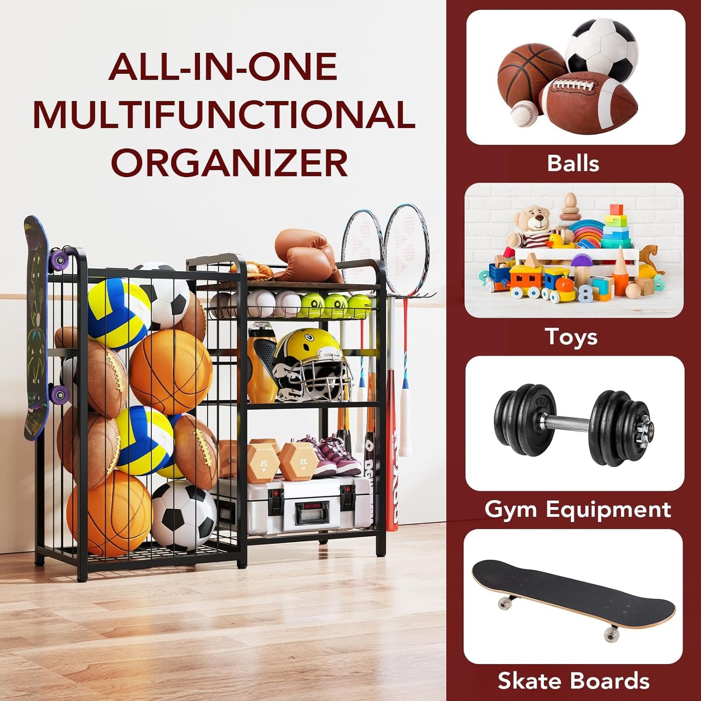 Garage Sports Equipment Organizer, Ball Storage for Gear and Toys, Large Capacity, Sports Organizer for Garage with Hooks and Baskets