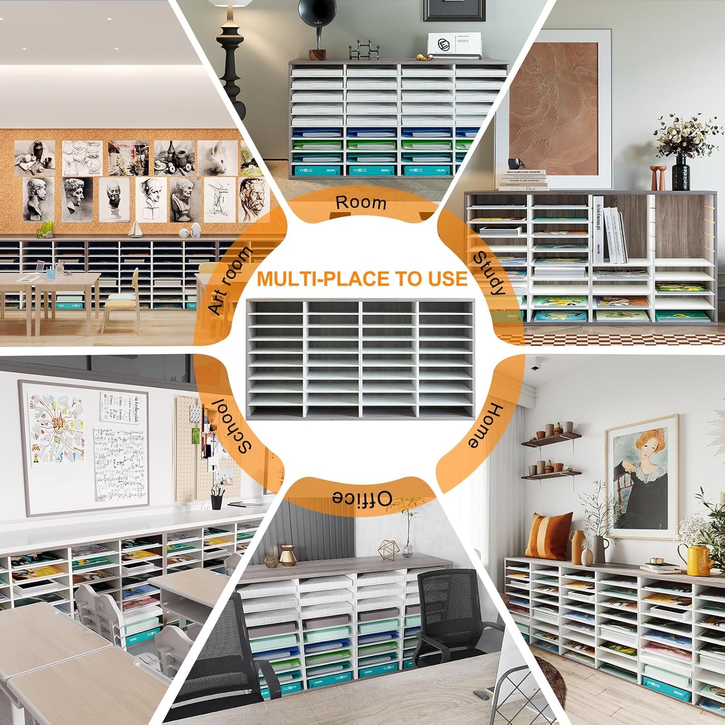 TQVAI Literature Organizer, Heavy Duty 36 Compartments Countertop Mail Organizer with Adjustable Shelves, Wooden Desk Paper Storage Organizer, Mailboxes Cubbies for Office, Classroom, Retro Grey/White