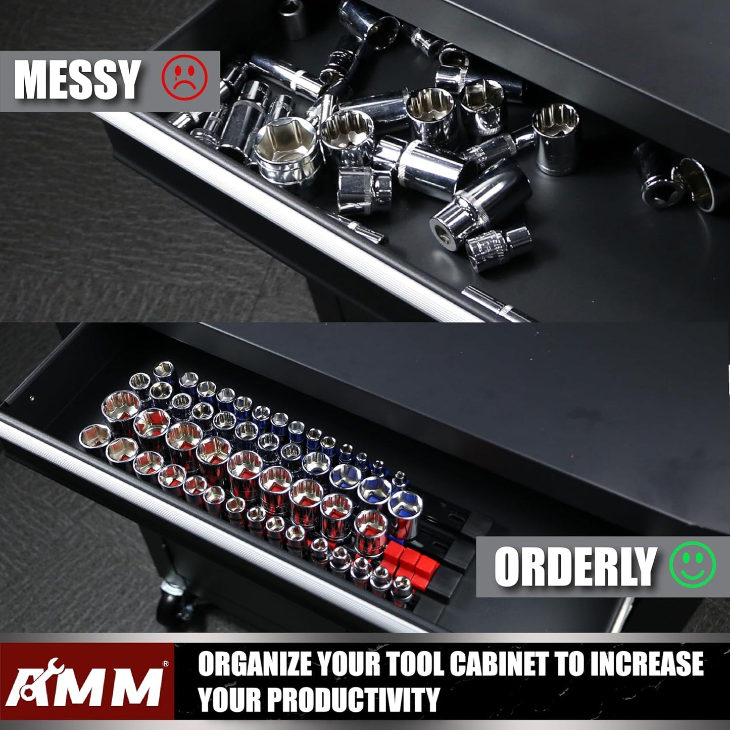 AMM 18-Piece Socket Organizer, 1/2 inch, 3/8 inch and 1/4 inch Drive ABS Tools-Socket Holder,Heavy Duty Socket Racks, Premium Quality Socket Clip Rail Holder,The best tool trays in the garage