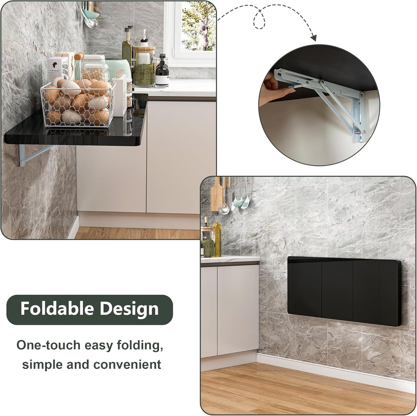 Clikuutory Wall Mounted High Gloss Folding Table 39.4" L x 19.7" W, Laundry Folding Table for Laundry Room, Home Office, Kitchen, Bedroom, Home Bar, Wall Desk Fold Down for Small Spaces, Black