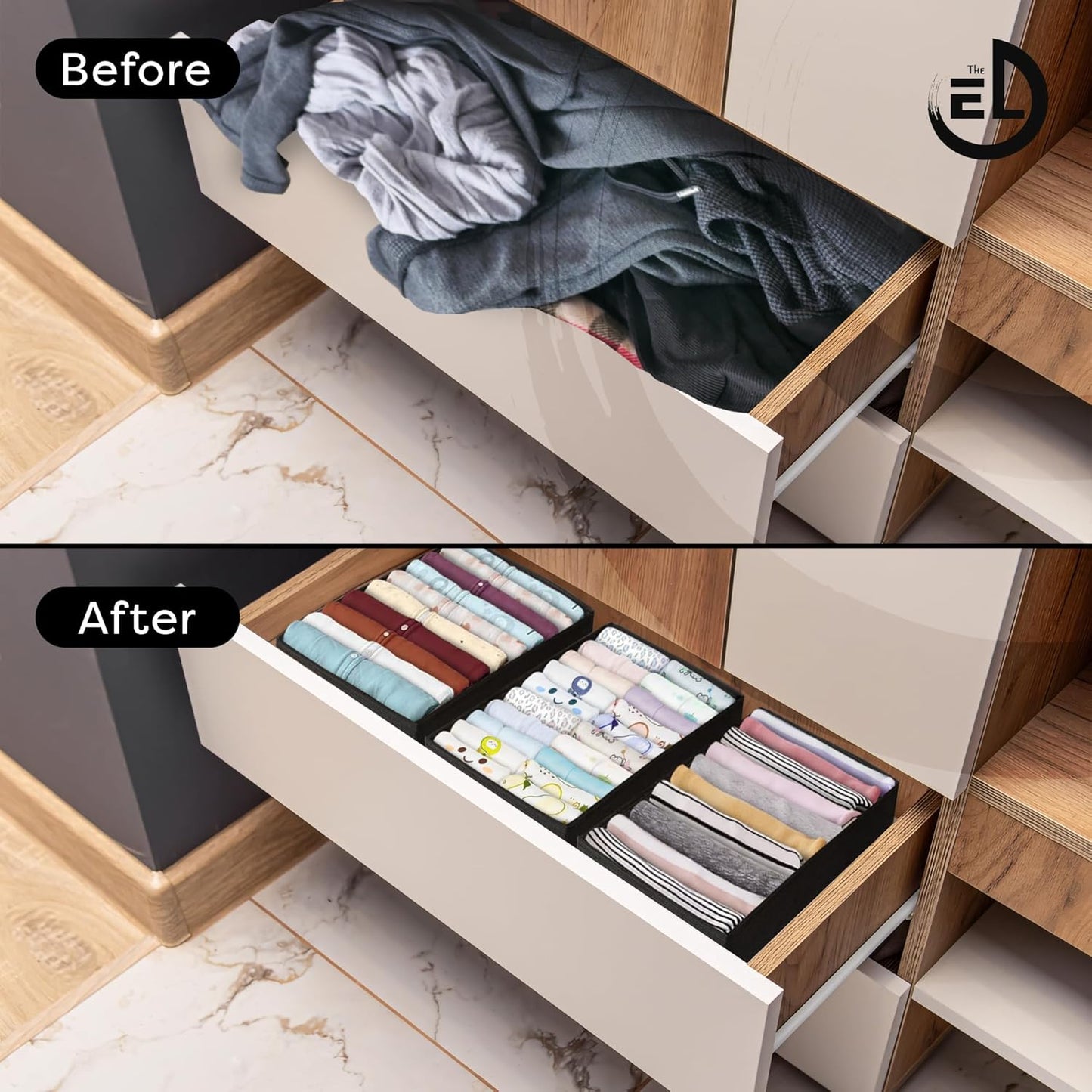 Drawer Organizer Clothes - 3 Set Multipurpose Dresser Drawer Organizer for Adults & Kids, Closet Foldable 10 Cells per Organizer - Non-Woven Fabric, T-Shirts, Baby Clothes, Shorts Organizer - Black
