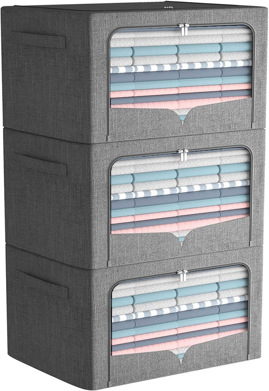 FHSQX 3 Pack Clothes Storage Bins Foldable Metal Frame Storage Box Stackable Linen Fabric Organizer Set with Carrying Handles and Clear Window (Dark Gray, 15.7x11.8x7.8inch(22L))