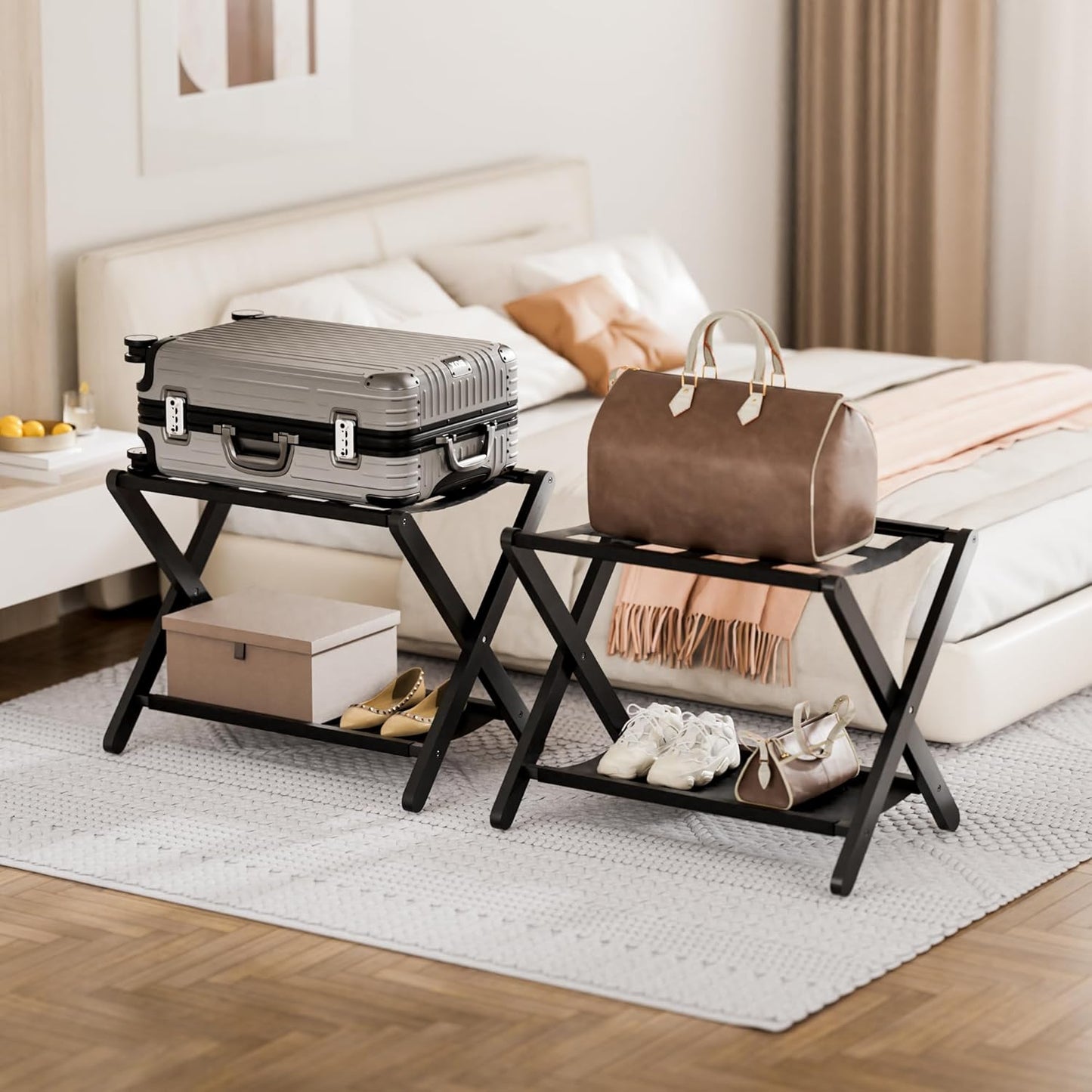 HITNET Luggage Rack for Guest Room, Pack of 2, Suitcase Stand Folding Bedroom, Bamboo Hotel Luggage Holder with Fabric Storage Shelf and Nylon Straps, Black