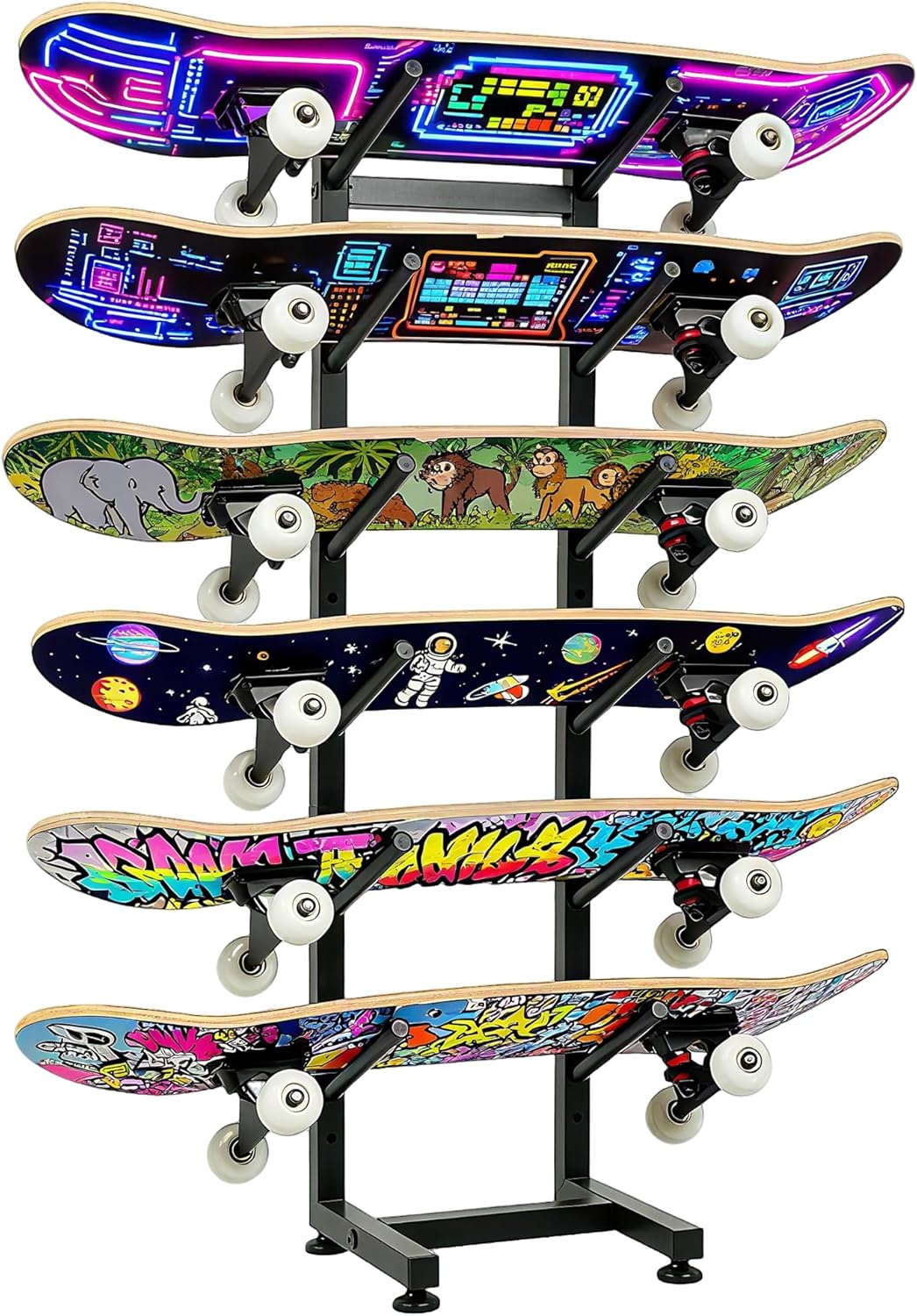 BiJun Skateboard Racks Floor Stand, 6-Layer Skateboard Wall Mount,Snowboard Storage Rack, Skateboard Organizer Floor Stand for Deck, Longboard, Snowboard, Standard Skateboards, Mini Cruiser Skateboard