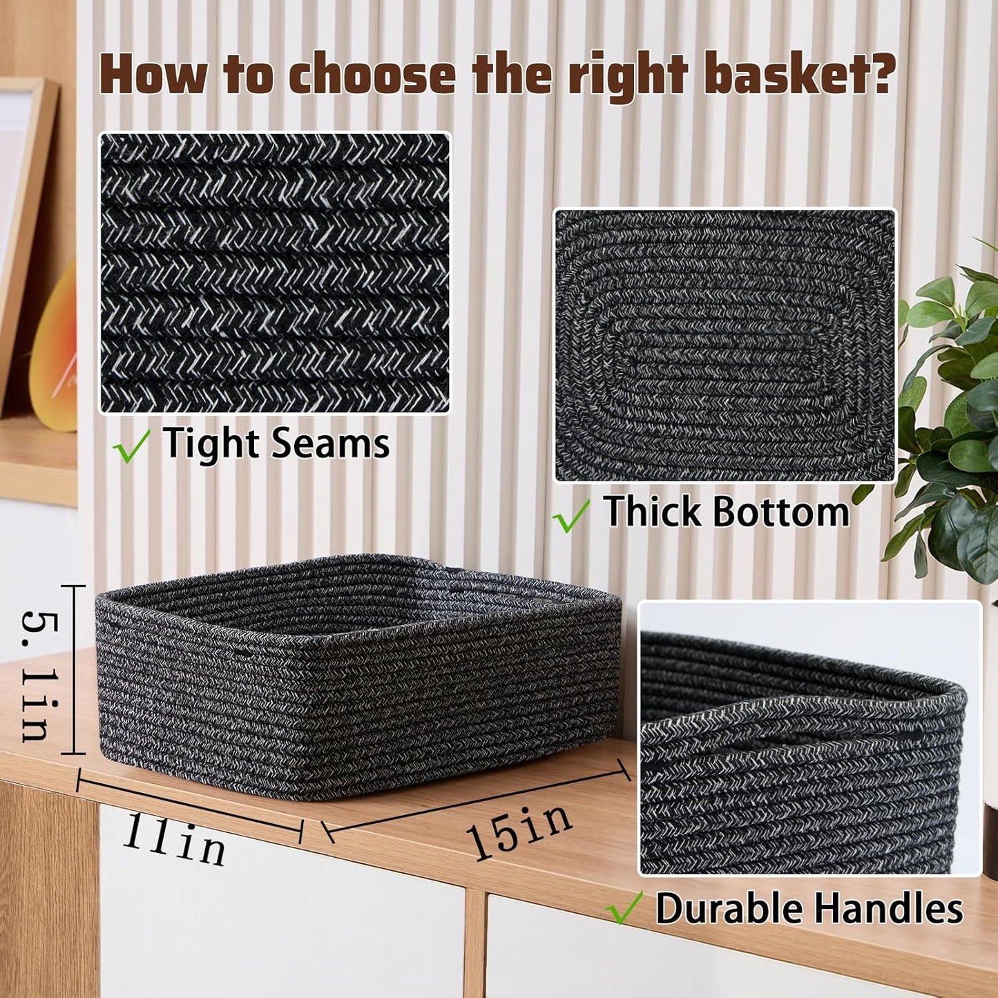 Large Shallow Organizing Baskets 15x11x5.1 Inches - Rope Woven Storage Bins for Bathroom, Shelves, Cube Closet, Mixed Black 3 Packs
