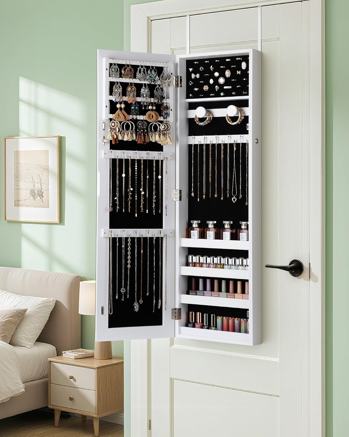 Nicetree Mirror Jewelry Cabinet, Jewelry Armoire with Full Length Mirror,Mirror with Jewelry Storage Wall/Door Mounted, Lockable Jewelry Armoire Organizer,White