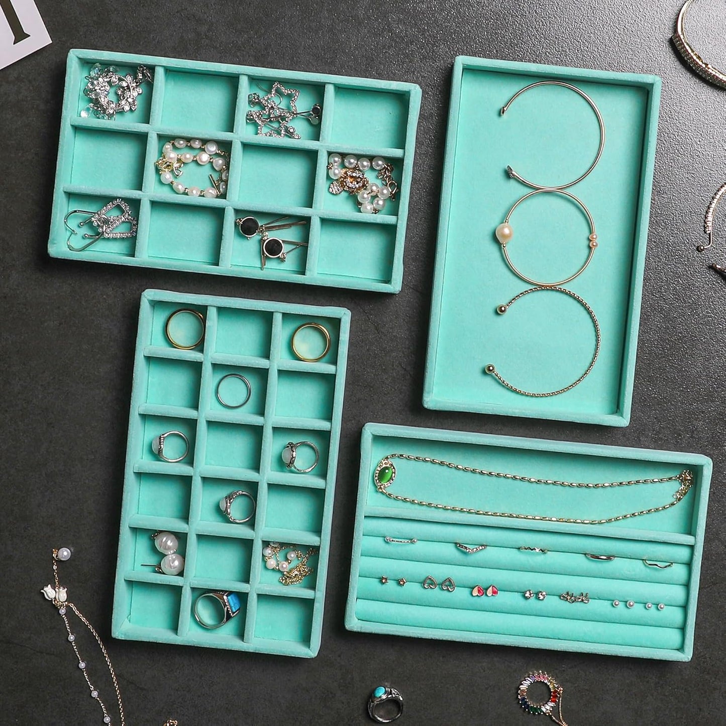 Frebeauty Jewelry Organizer Tray,Stackable Velvet Jewelry Trays,Drawer Inserts Earring Organizer For Women Jewelry Storage Display Case for Rings Stud Necklaces,8.3 x 4.9 x 1 Inches (Turquoise)