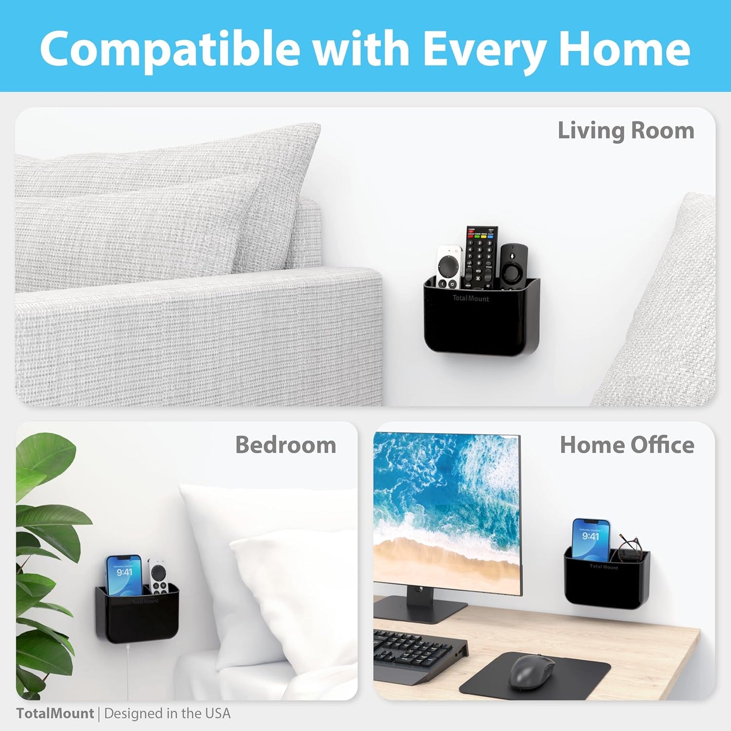 TotalMount Hole-Free Remote Holder – Eliminates Need to Drill Holes in Your Wall (Premium Black Holder for 2 or 3 Remotes)