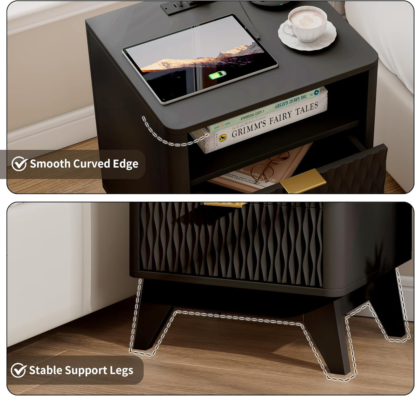 Fluted Nightstand with Charging Station, 18" Modern End Table with Storage Drawers, Bedside Table for Bedroom (Black)