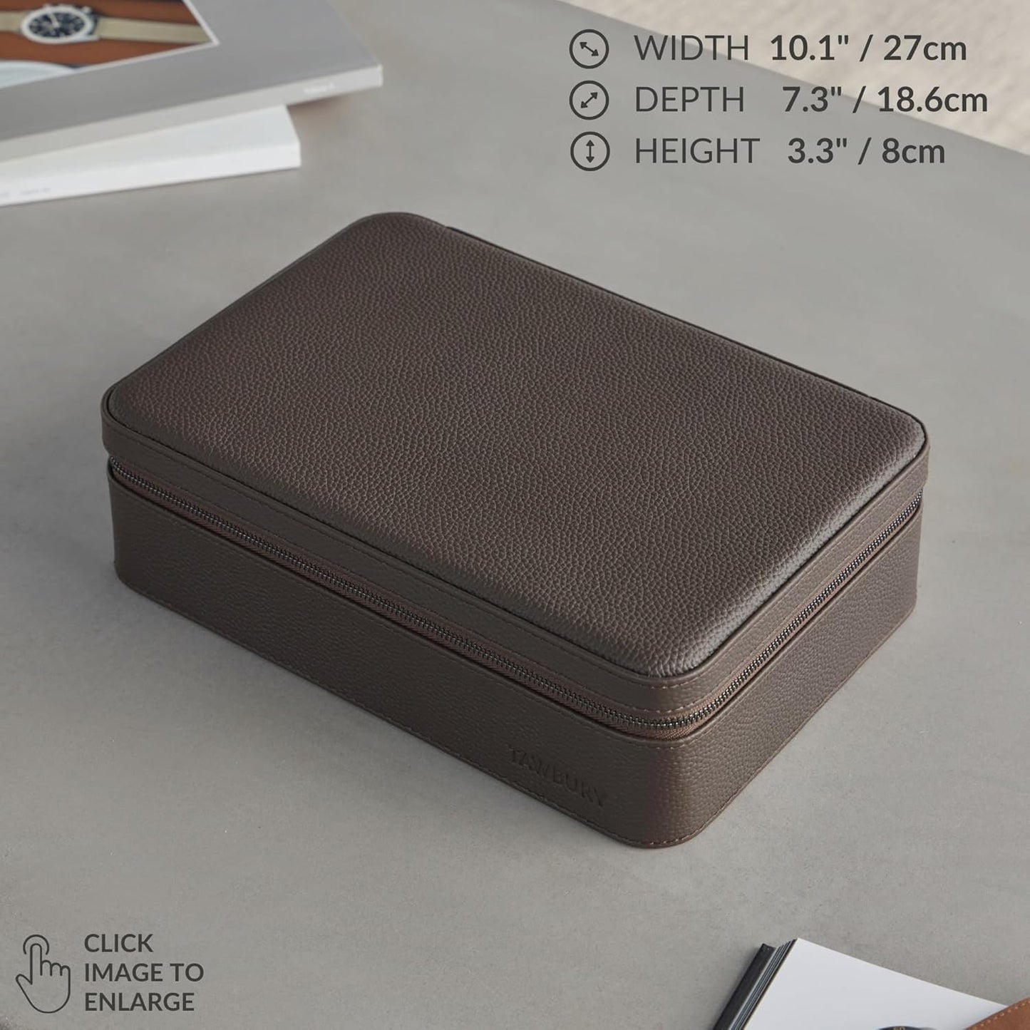 TAWBURY Watch Case - 8 Slot Genuine Top-Grain Leather Watch Box for Men & Women with Extra Wide Pillows for Large Watches - Portable Wristwatch Storage for Home & Travel (Brown)