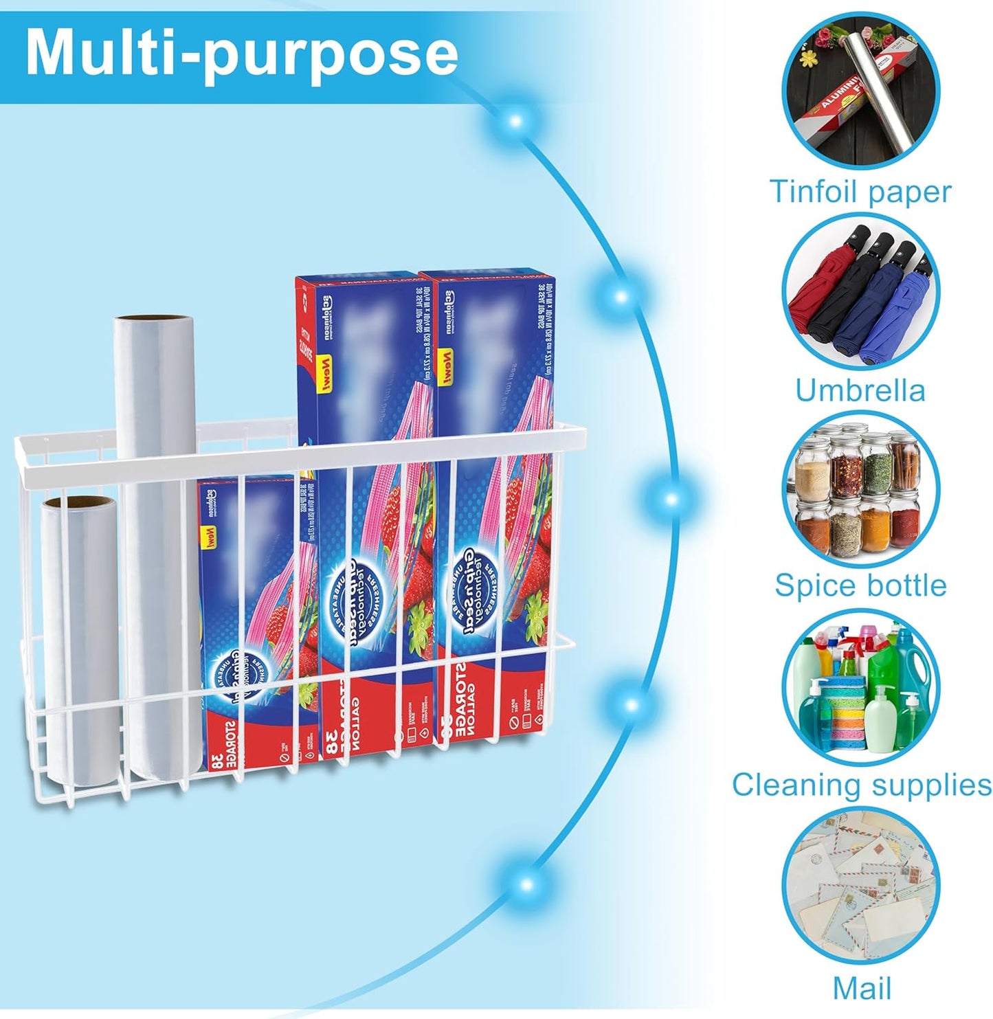 Cabinet Door Organizer 3Pcs, Foil and Plastic Wrap Organizer with 2 Sponges, Cabinet Door Storage with 3 Caddy Adhesive, for Aluminum Foil, Plastic Wrap, Wool Dryer Balls, White,(Small, Medium, Large)