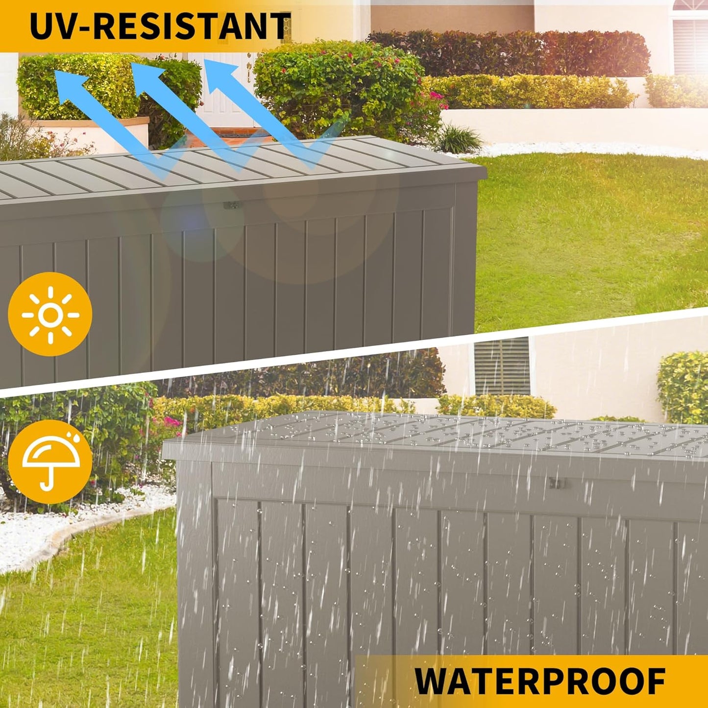 100 Gallon Lockable Resin Deck Box, Waterproof Outdoor Storage Box for Patio Furniture, Garden Tools, Pool Accessories, UV-Resistant Outside Delivery Grey