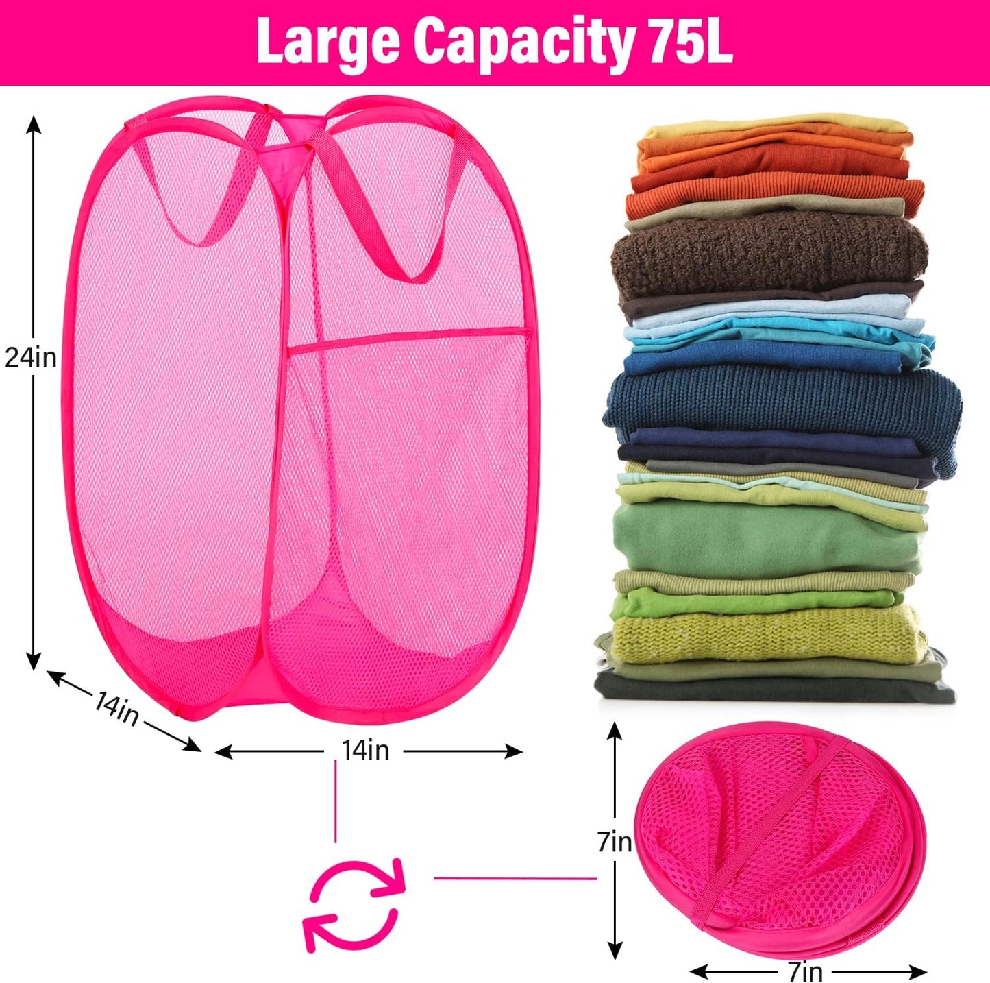 BATTOO Deluxe Strong Mesh Pop up Laundry Hamper Basket with Side Pocket for Laundry Room, Bathroom, Kids Room, College Dorm or Travel 2 Pack Blush