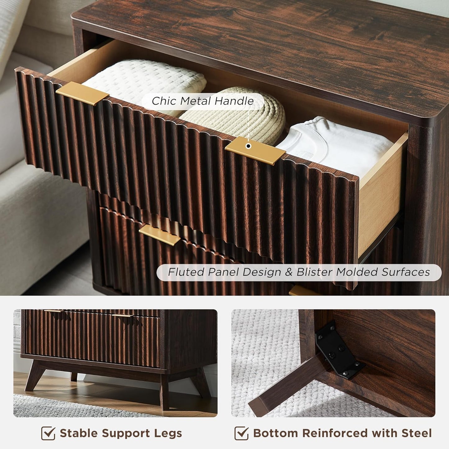 T4TREAM Fluted 3 Drawers Nightstand, Oversized Extra Large Modern Side Table, End Table Bedside for Bedroom, Living Room, Curved Profile Design, Dark Walnut