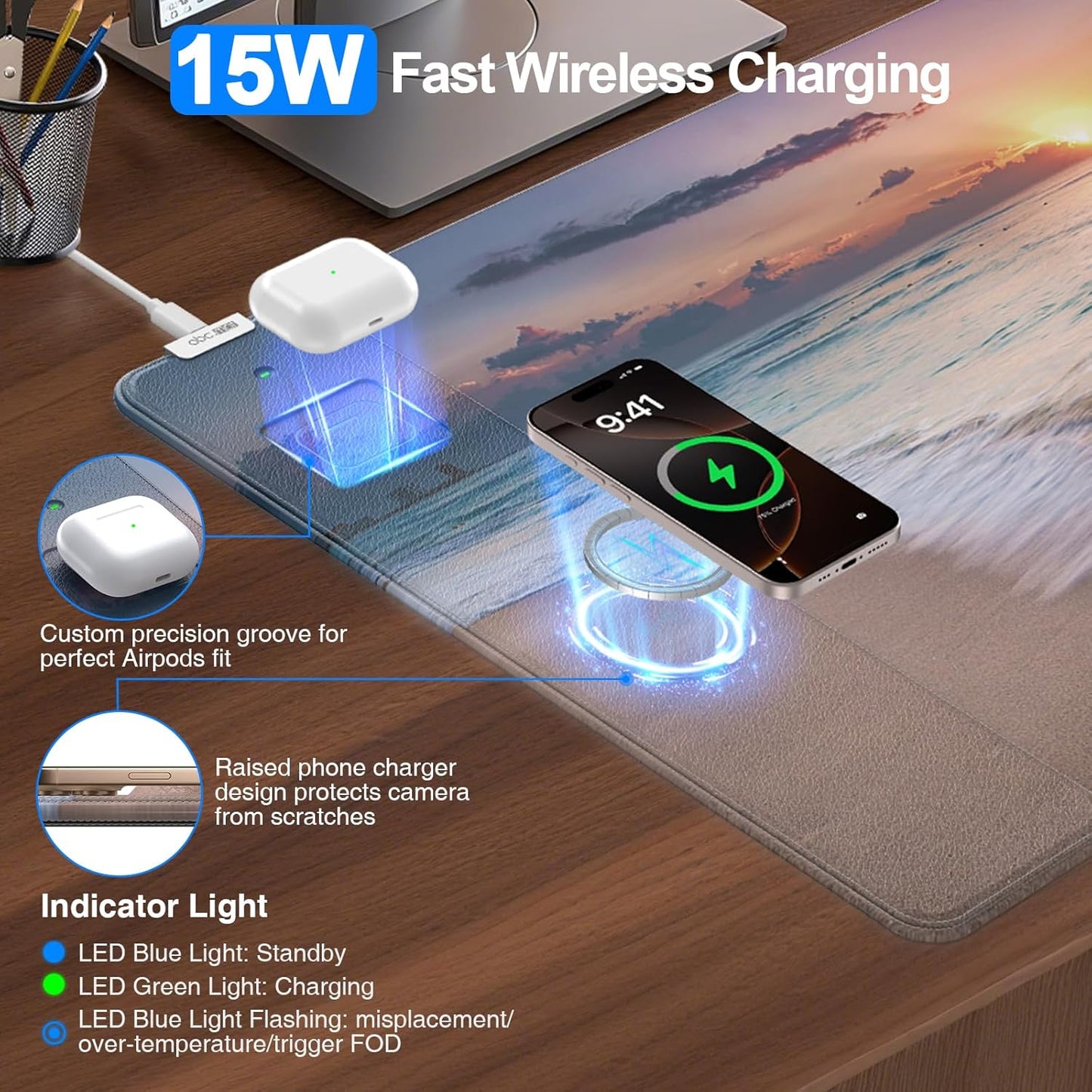 Wireless Charging Mouse Pad, 31.5"x15.8" Large Gaming Desk Mat for Keyboard/Laptop, Waterproof Ultra-Smooth Surface, Non-Slip Base, Beach Sunset