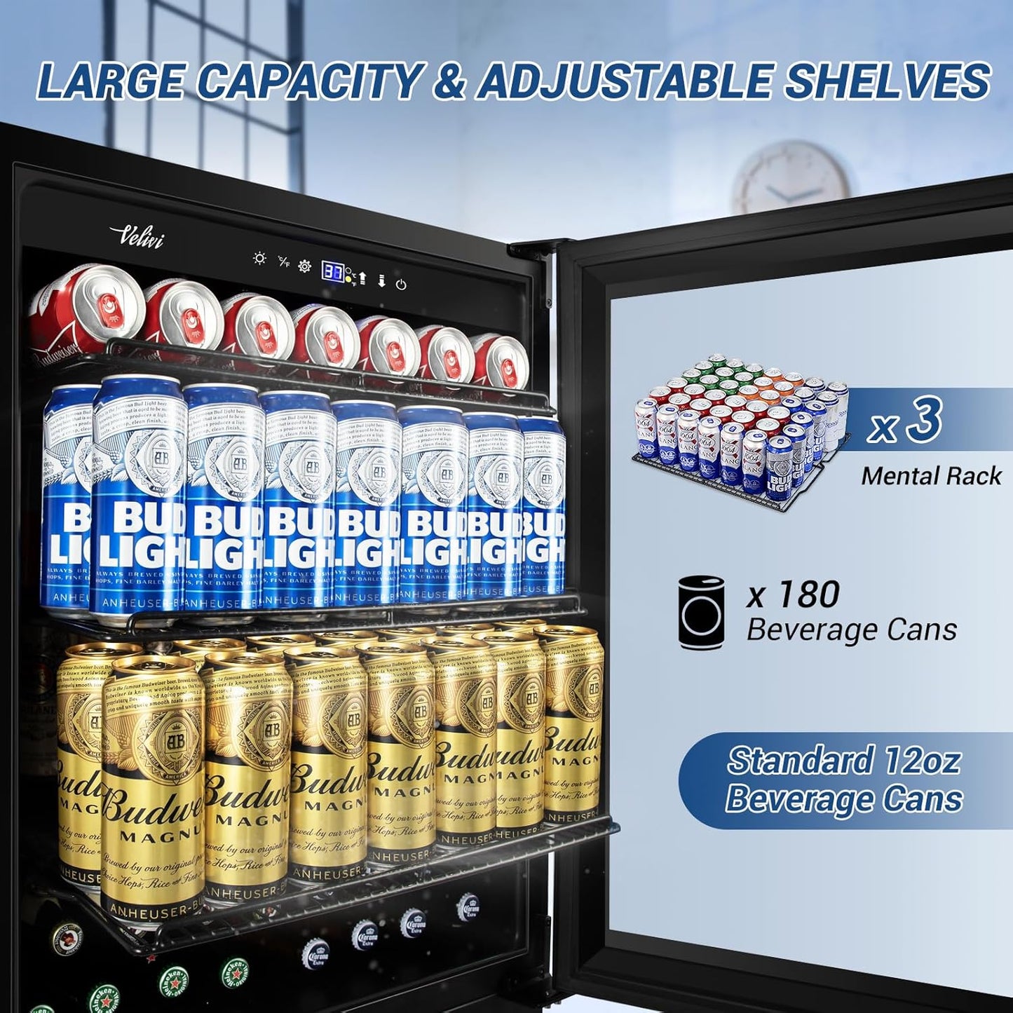 24 Inch Beverage Refrigerator Under Counter, 24" Space Built-In Beer and Drink Fridge with Glass Door for Soda, Water, and Milk - For Kitchen, Bar or Office