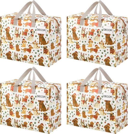 VENO 4 Pack Heavy Duty Moving Bags, Storage Bags, Packing Supplies, Top Zipper, Storage Totes for Camping, Clothes, Bedding, Comforters, Pillows, Christmas Pattern (13 Gallon, Holiday Pups, 4 Pack)