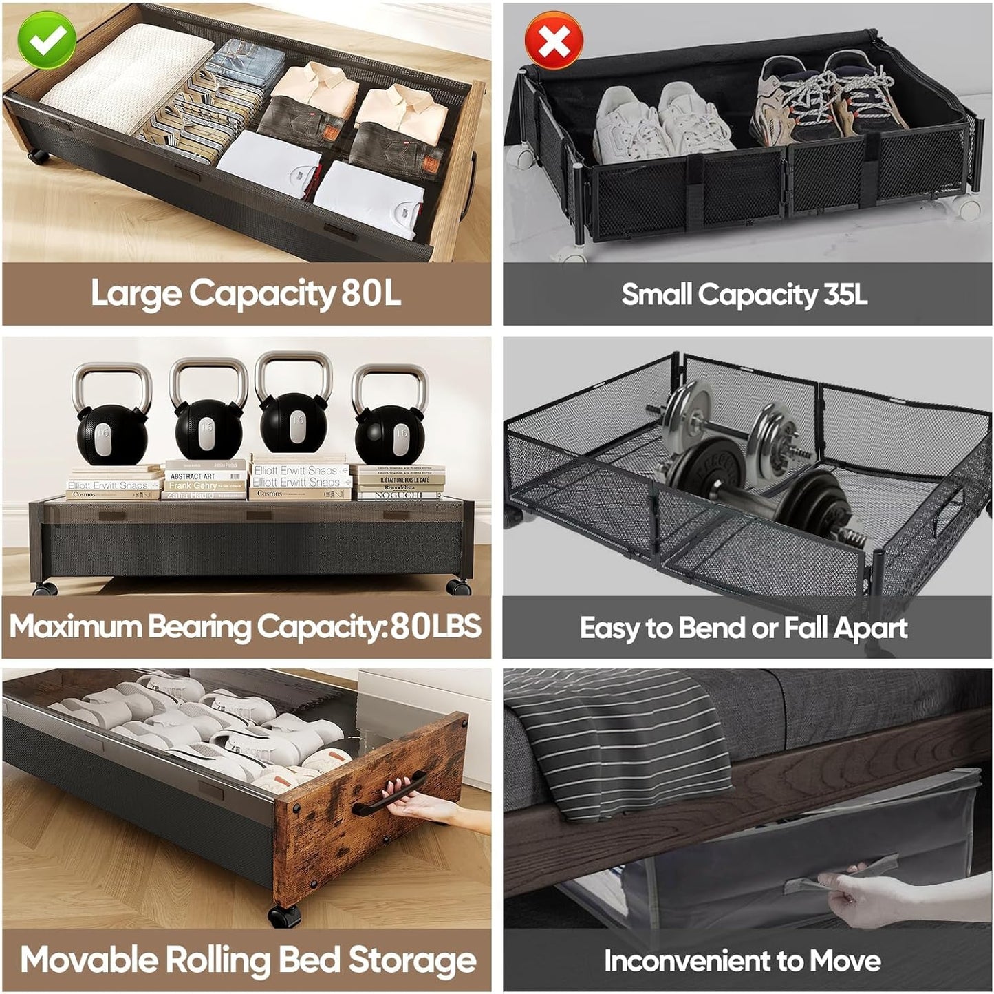 Under Bed Storage with Wheels, 2 Packs Wooden Storage Containers Extra Large Underbed Shoes Organizer, Rolling Under Bed Storage Drawers with Clear Lid, Heavy Duty for Clothes Toys 36"L (Walnut)