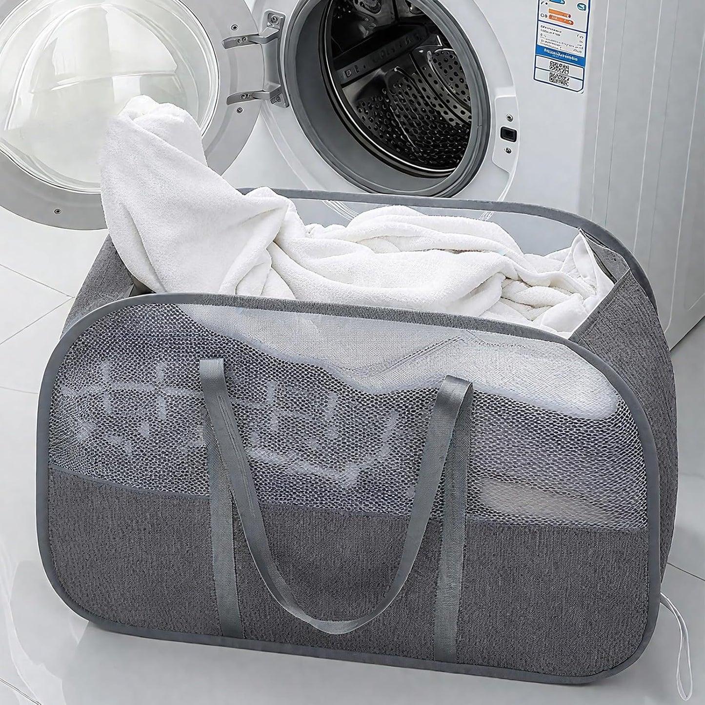 Large Collapsible Laundry Hamper, Gray Oxford Cloth 95L Capacity laundry basket with Handles, Breathable Mesh Design, Sturdy Steel Frame Clothes Hamper with Easy Carry 26.8x12.2x17.7 Inch