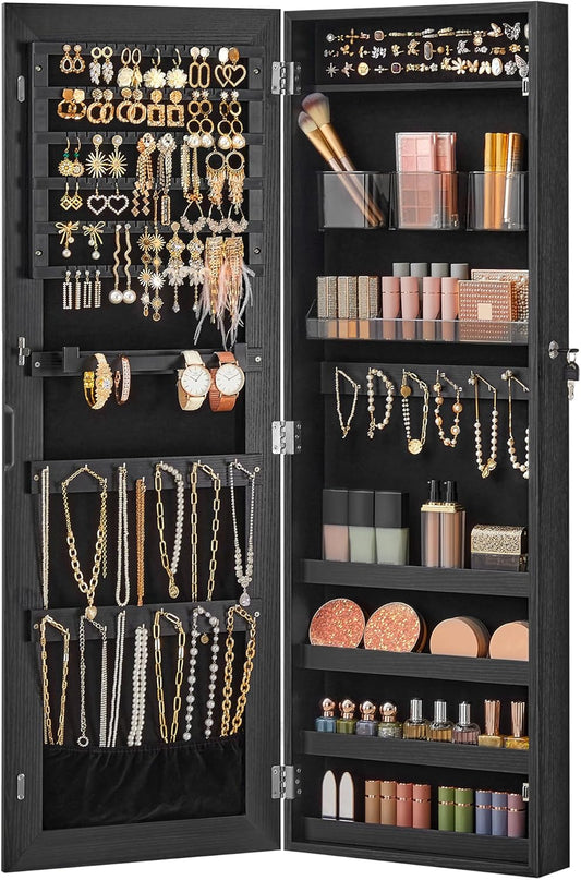 SONGMICS Mirror Jewelry Cabinet Armoire, Wall or Door Mounted Jewelry Storage, Hanging Lockable Frameless with 2 Plastic Cosmetic Organizers, Christmas Gift Idea, Black UJJC001B01