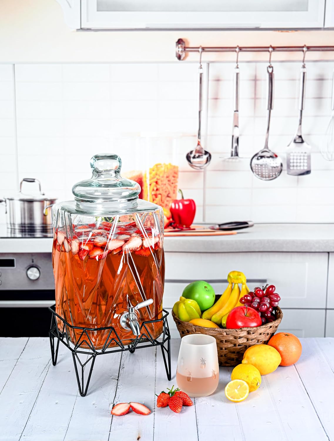 Glacial Ice Design Glass Beverage Dispenser with SS Spigot and Stand - 2.5 Gal