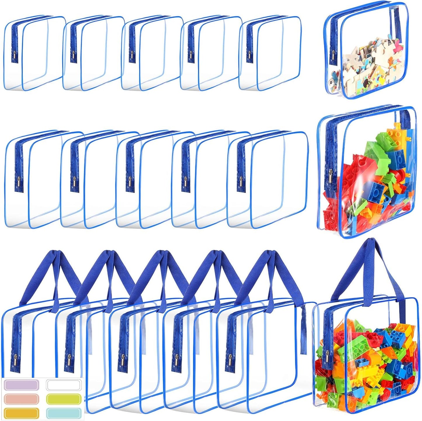 18 Packs Large Toy Storage Bags with Labels, Clear PVC Bags Travel Waterproof Kids Toy Organizer Bags with Zipper for Building Blocks Puzzle Kids Books (Blue-3 Size)