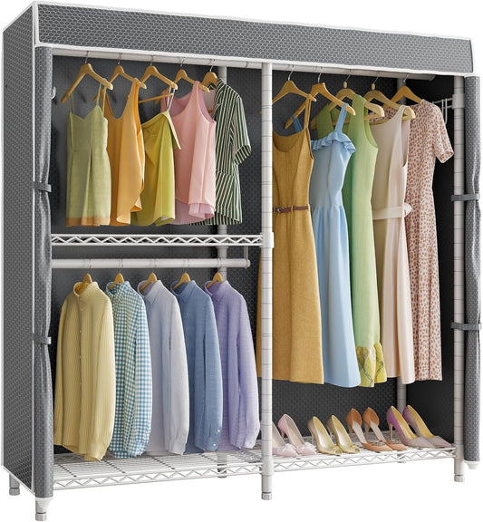VIPEK V4C Heavy Duty Adjustable Clothing Rack, White Metal Closet Rack with Grey Cover, 57.9" L x 17.3" W x 76.4" H, 3 Hanging Rods & Side Hooks, Portable Closet