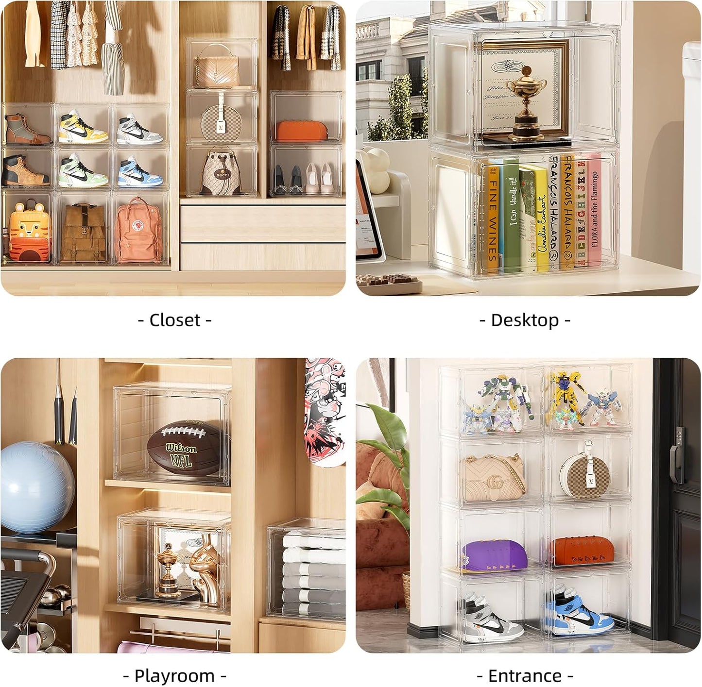 Clear Display Case for Collectibles, Purse Organizer for Closet, Handbag Storage Organizer 5 Pack Stackable Storage Boxes with Magnetic Lid for Shoes, Books, Purse, White