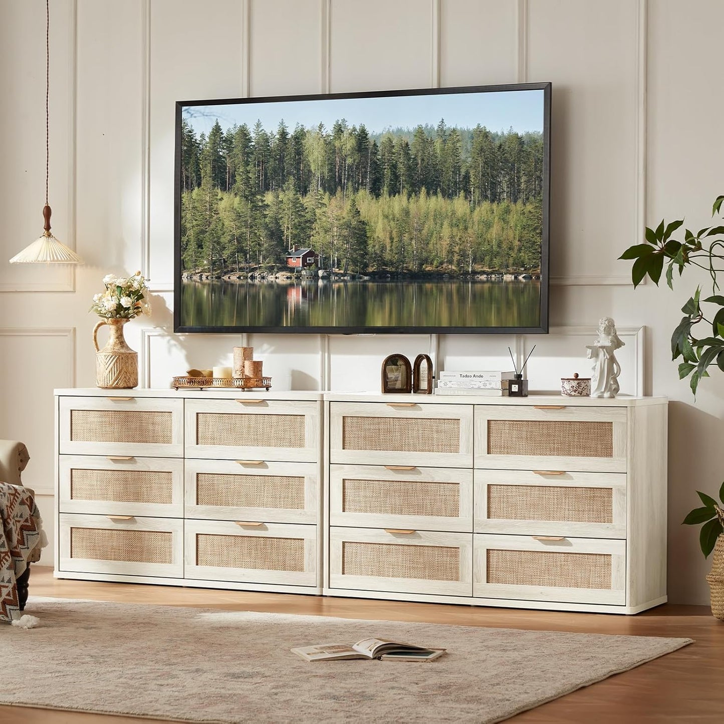 LEYAOYAO Rattan 6 Drawer Dresser for Bedroom, Boho 48" Wide White Dresser Chest of Drawers, Dressers TV Stand with Metal Handle, Storage Dressers Closet Organizer for Living Room, Hallway