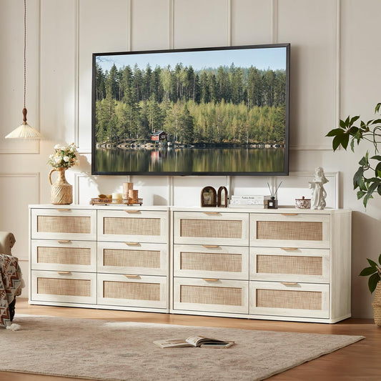 LEYAOYAO Rattan 6 Drawer Dresser for Bedroom, Boho 48" Wide White Dresser Chest of Drawers, Dressers TV Stand with Metal Handle, Storage Dressers Closet Organizer for Living Room, Hallway